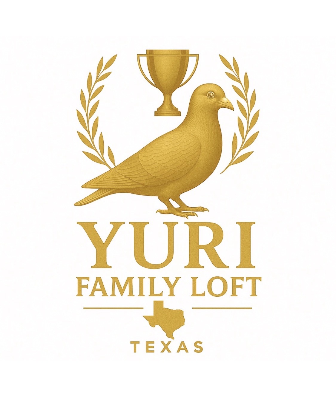 Logo dorado de Yuri Family Loft Texas: paloma, trofeo y laureles